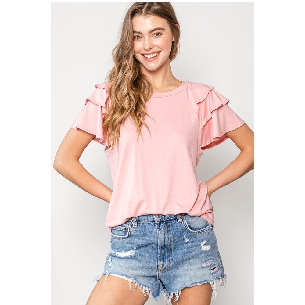 *BOUTIQUE* Pink Blush Ruffled Short Sleeve Shirt